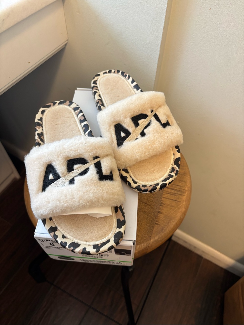APL Shearling Logo Slide Sandals - Cream with Leopard Trim New